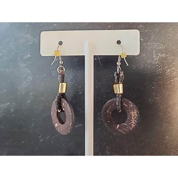 Brown And Beige Circular Beaded Dangling Earrings Vintage Costume Jewelry - Picture 4 of 10